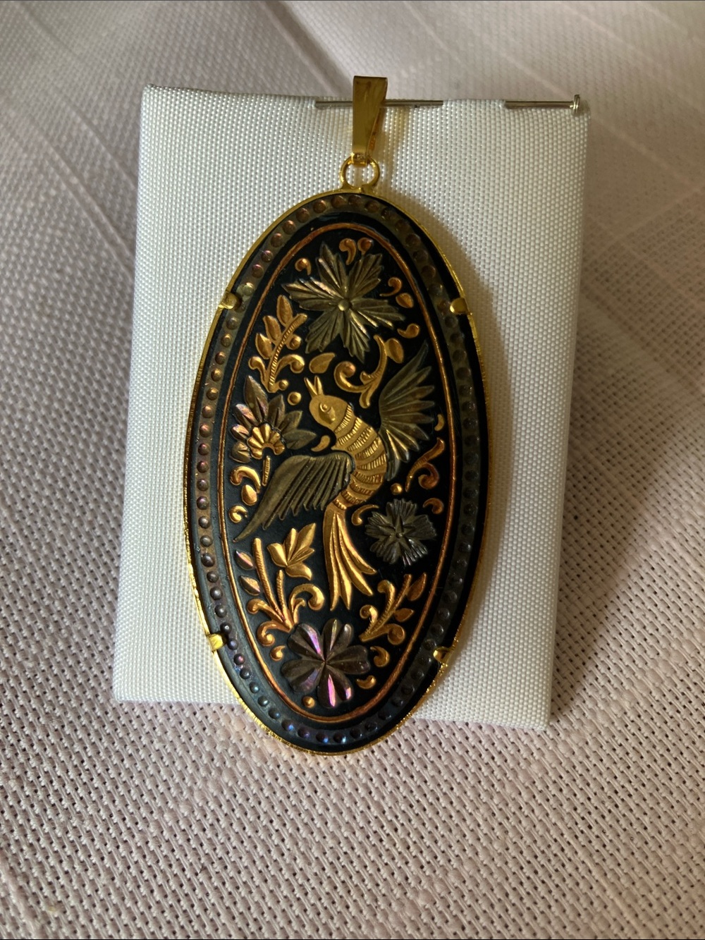 Gold and Black Floral Bird Oval Pendant Necklace